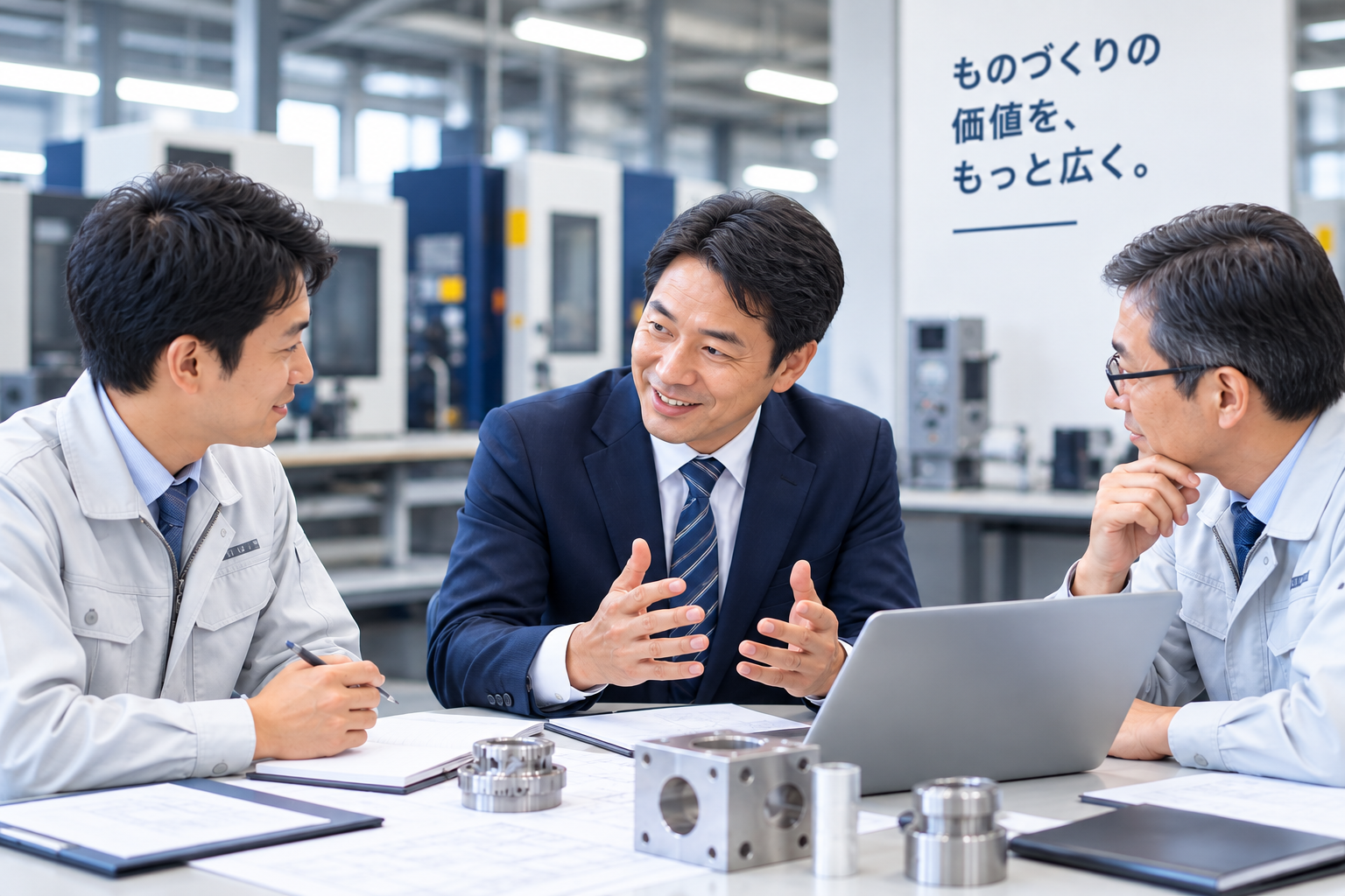 中小製造業の現場で打ち合わせを行う営業支援イメージ