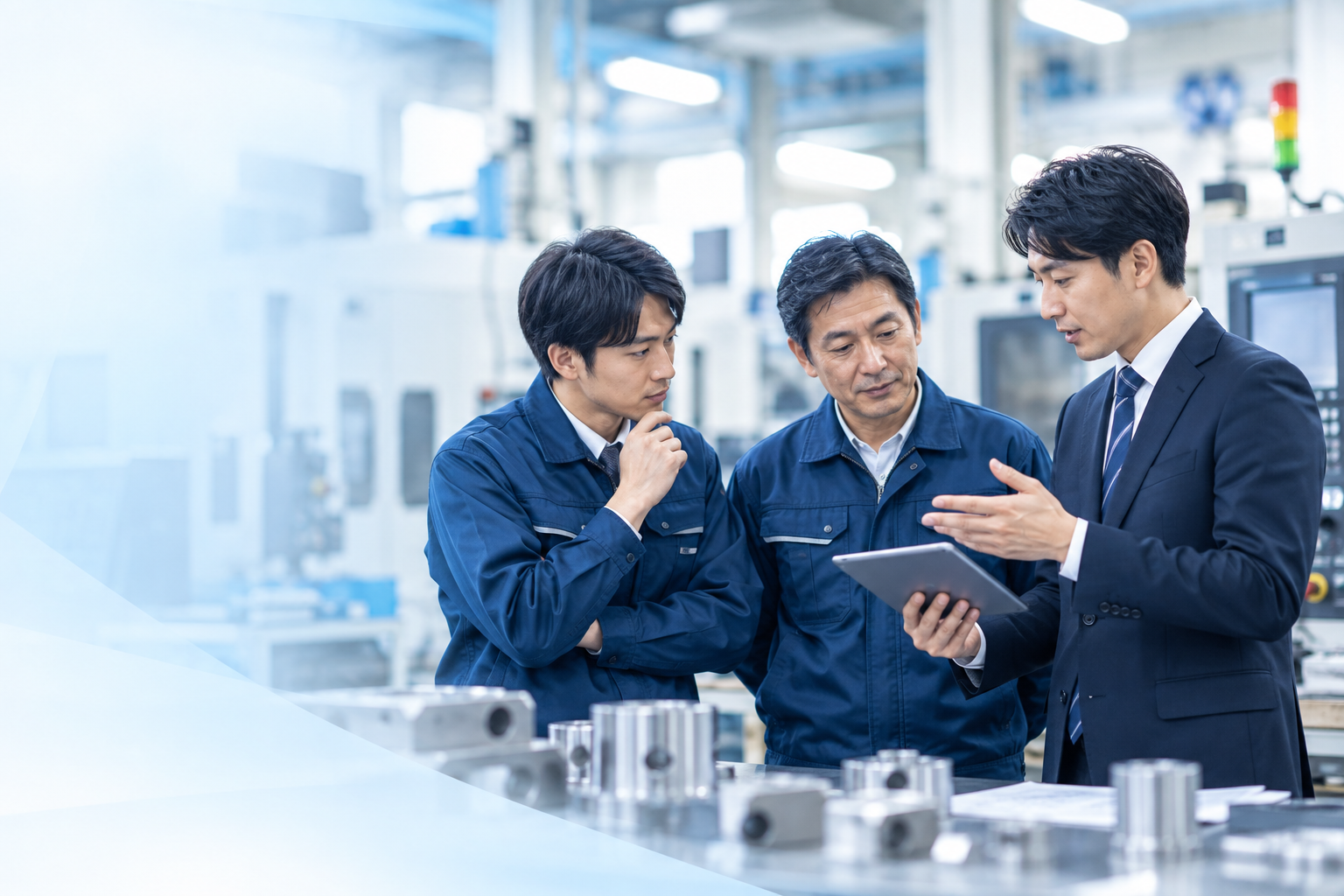 製造現場で営業コンサルタントと担当者が打ち合わせをしている様子