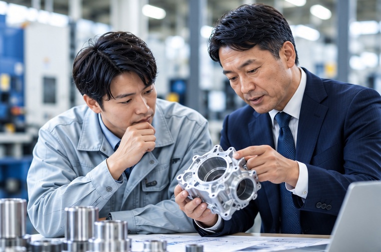 製造現場で技術者と営業担当者が製品について相談するイメージ